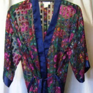 Innemost Kimono Wrap Robe Floral Red Navy Gold Metallic Threads